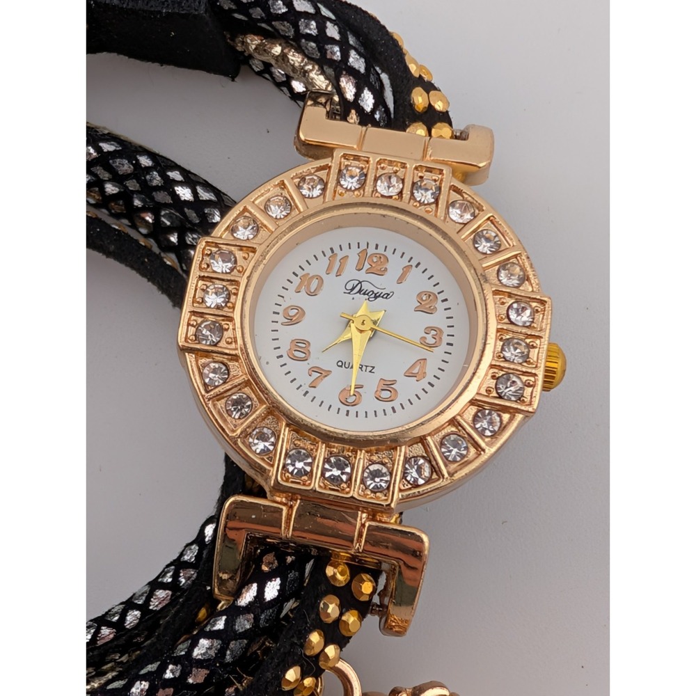 Duoya Wrap Watch Women 25mm Case Black/Gold Band Key‎ Accent- New Battery